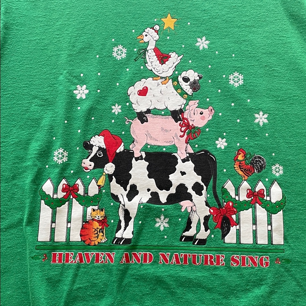 JERZEES CHRISTMAS FARM ANIMAL STACK TEE SHIRT Size L “HEAVEN and NATURE SING” - Picture 2 of 10
